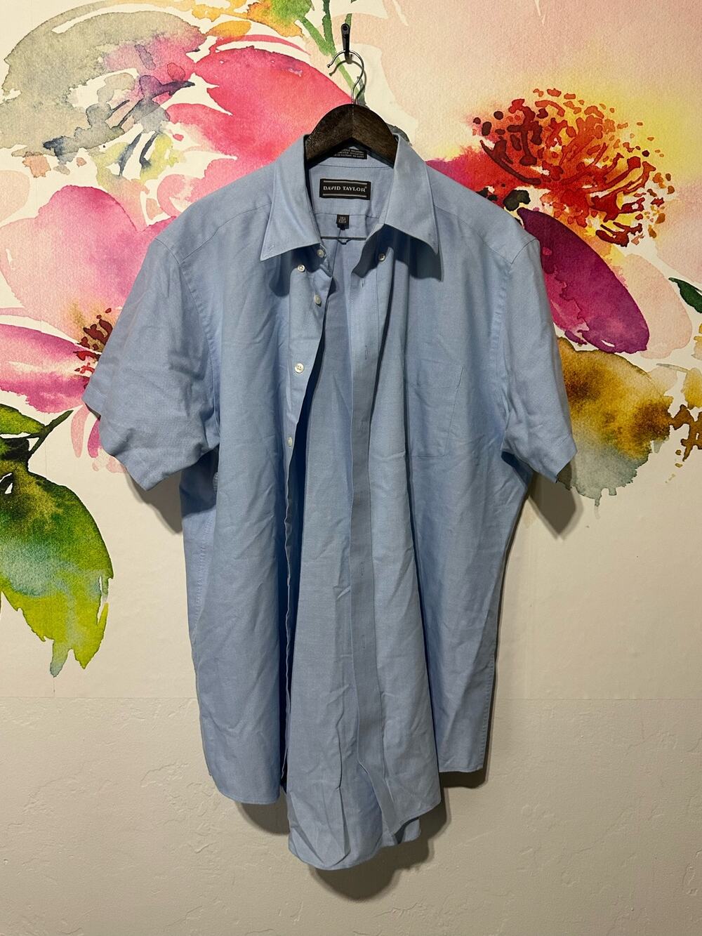 David Taylor Men's Short Sleeve Button Up Dress Shirt White 18.5 18 1/2 - Blue